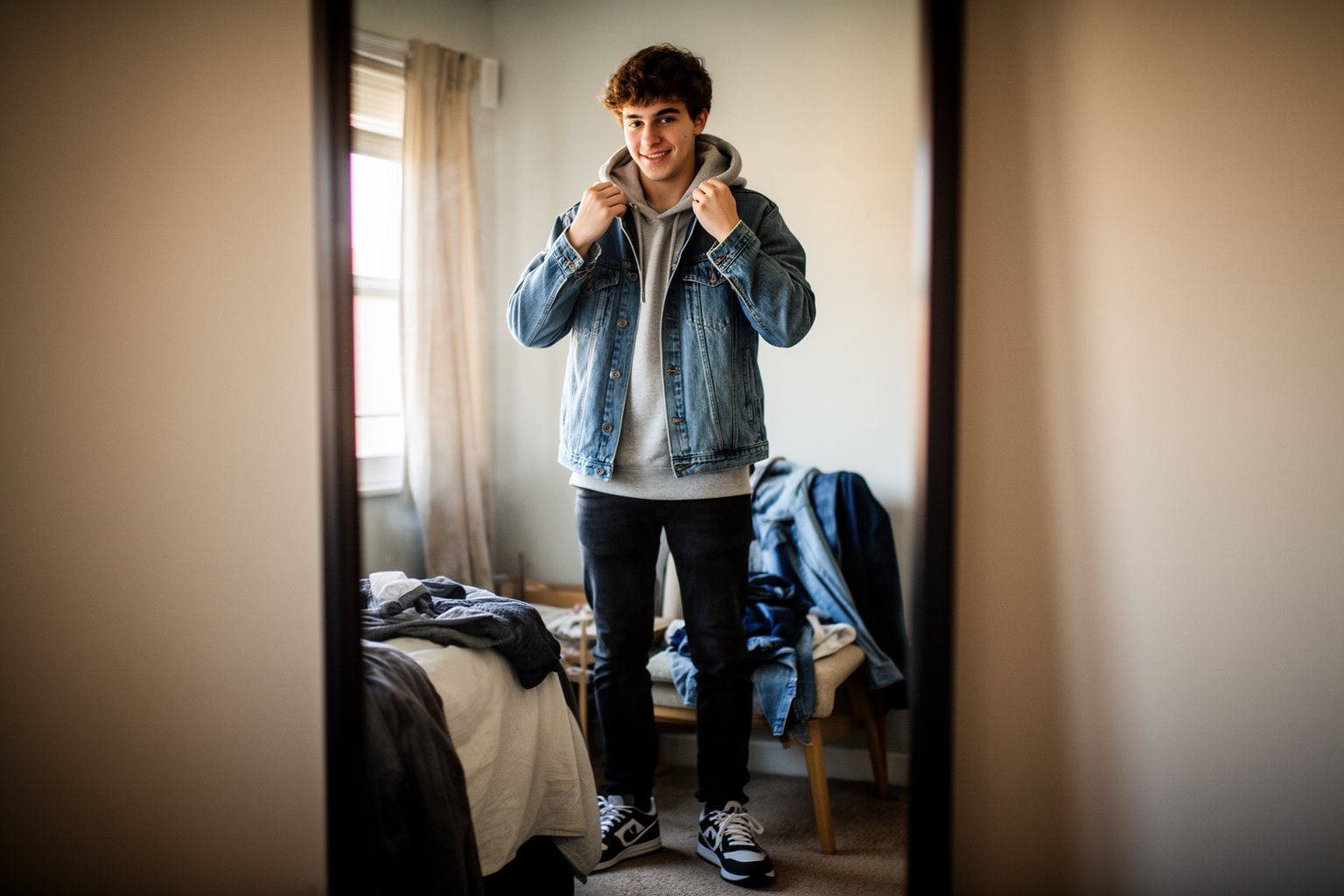 10 Must-Have Fashion Items for Teen Boys Young man adjusting his denim jacket in a bedroom mirror before heading out