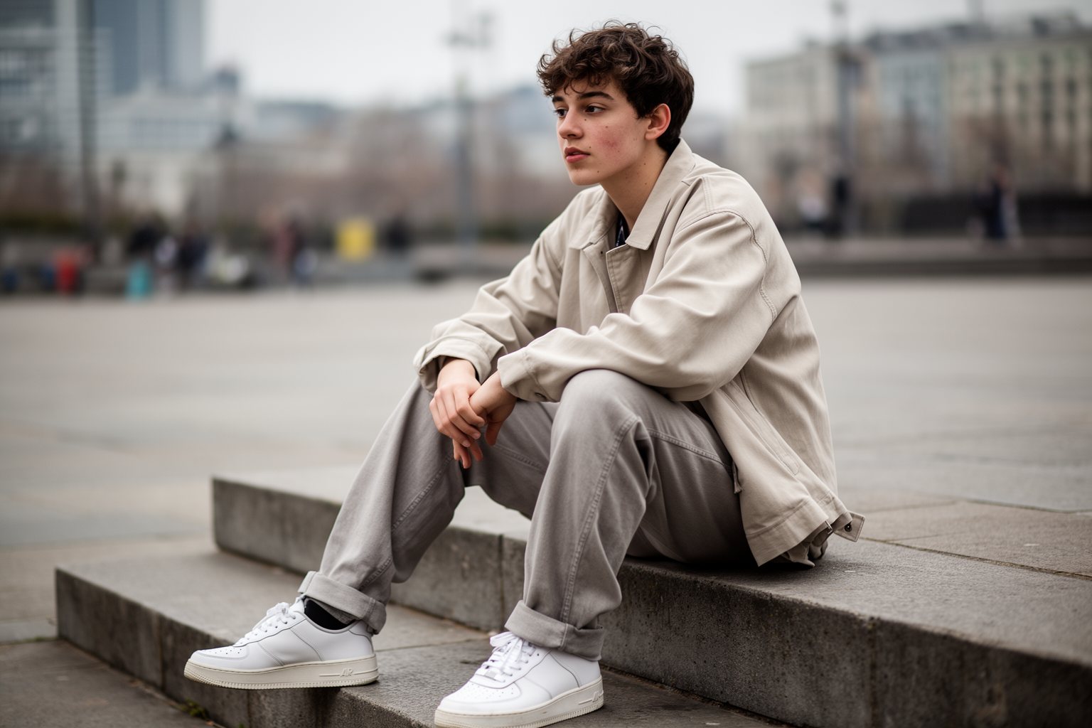10 Must-Have Fashion Items for Teen Boys Young man in a casual streetwear outfit sitting on city steps