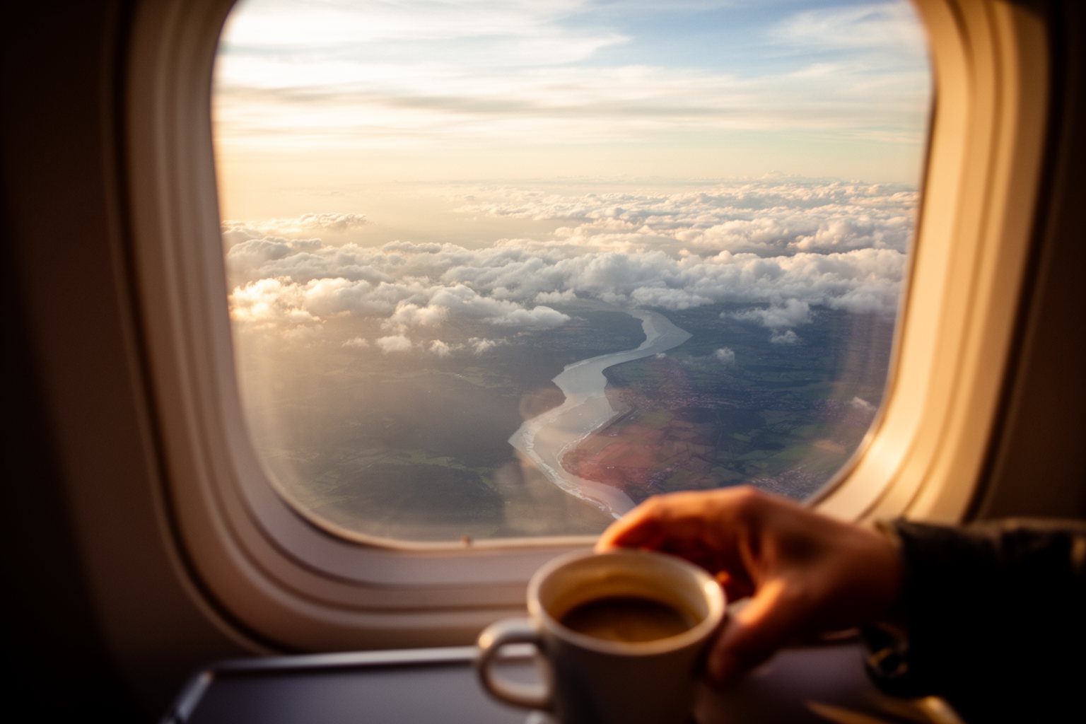 Fly High with the Right Plastic: Unleashing the Power of Travel Credit Cards Passenger by an airplane window over a sunlit coastline at golden hour
