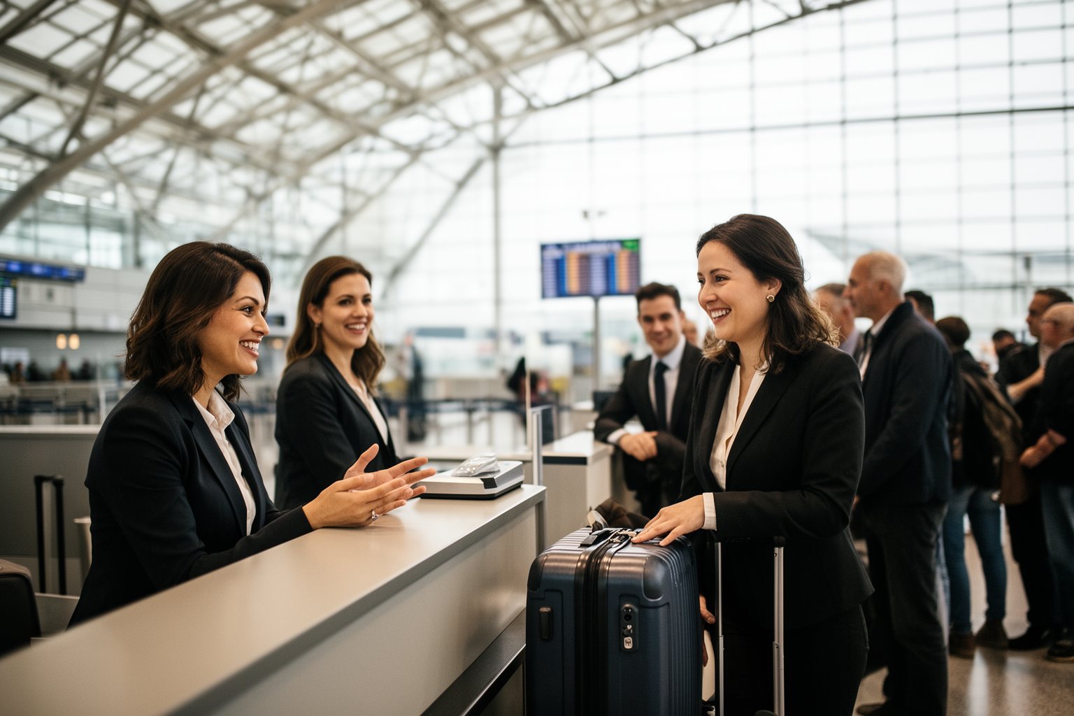 Traveler checking in at an airport counter for a flight paid with travel rewards