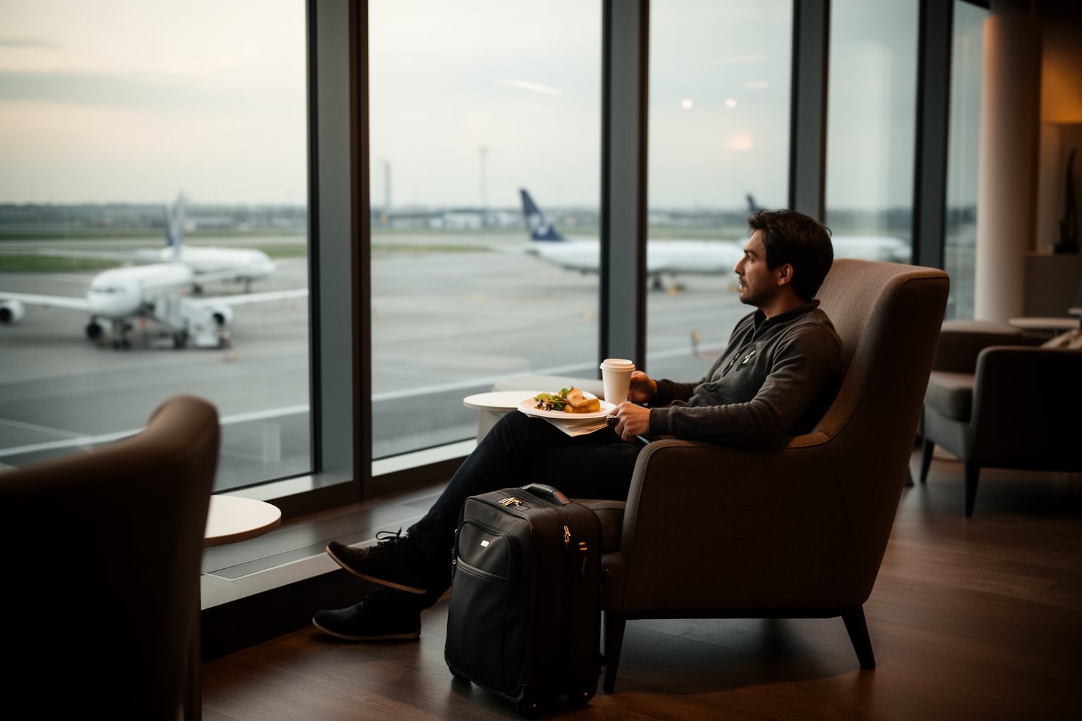 Fly High with the Right Plastic: Unleashing the Power of Travel Credit Cards Traveler relaxing with coffee in a calm airport lounge, a travel credit card perk