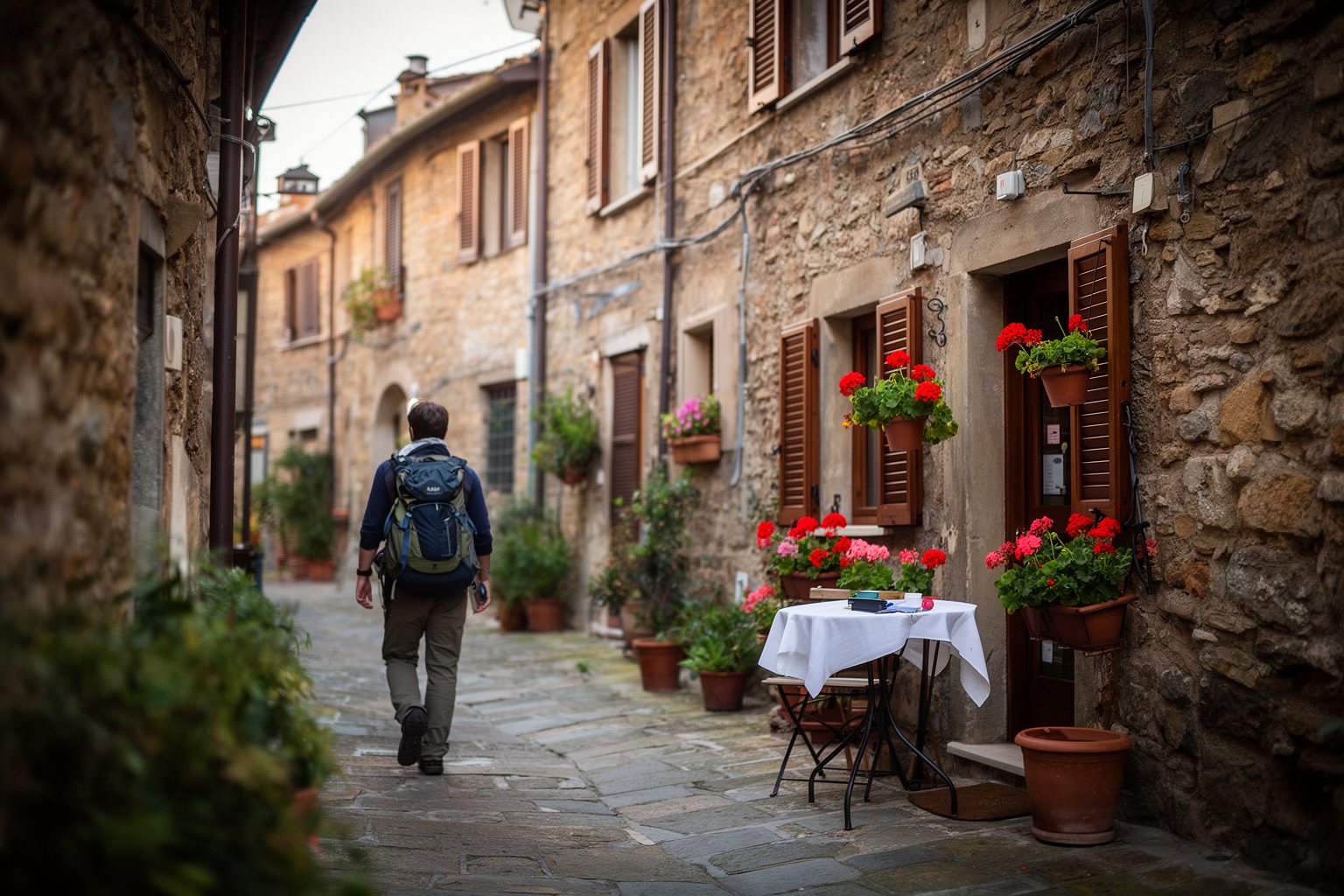 Traveler with a backpack walking up a cobbled lane in an Italian hill town