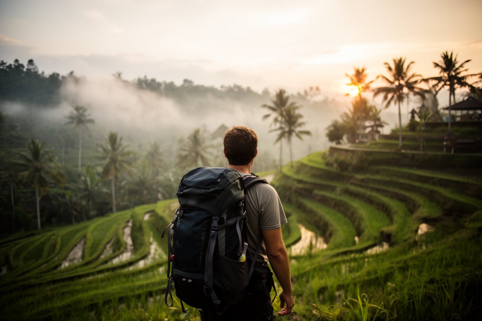 World Tour in 120 Days: A Life-Changing Adventure Backpacker overlooking rice terraces at sunrise on a world tour in 120 days