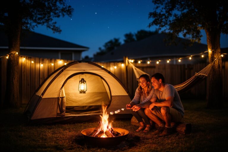 Extreme Staycation Ideas: Adventure Close to Home Backyard turned into a campsite at dusk with a tent, fire pit and string lights, an extreme staycation idea
