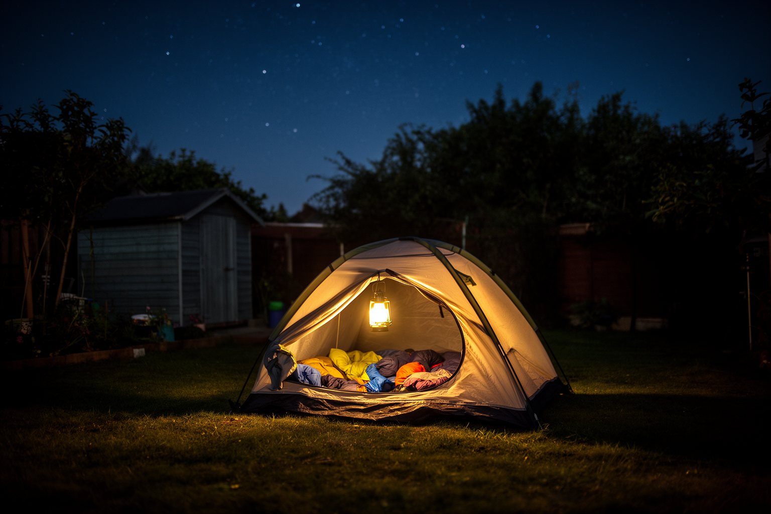 Tent lit by a lantern in a backyard at night under a starry sky