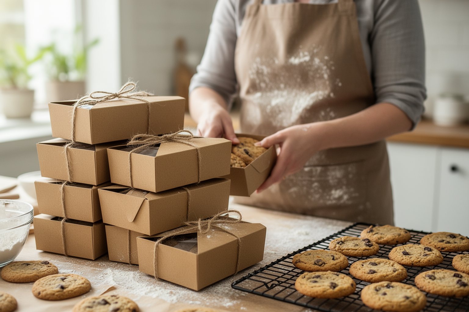 Home baker packaging cookies into boxes for customer orders on a kitchen counter