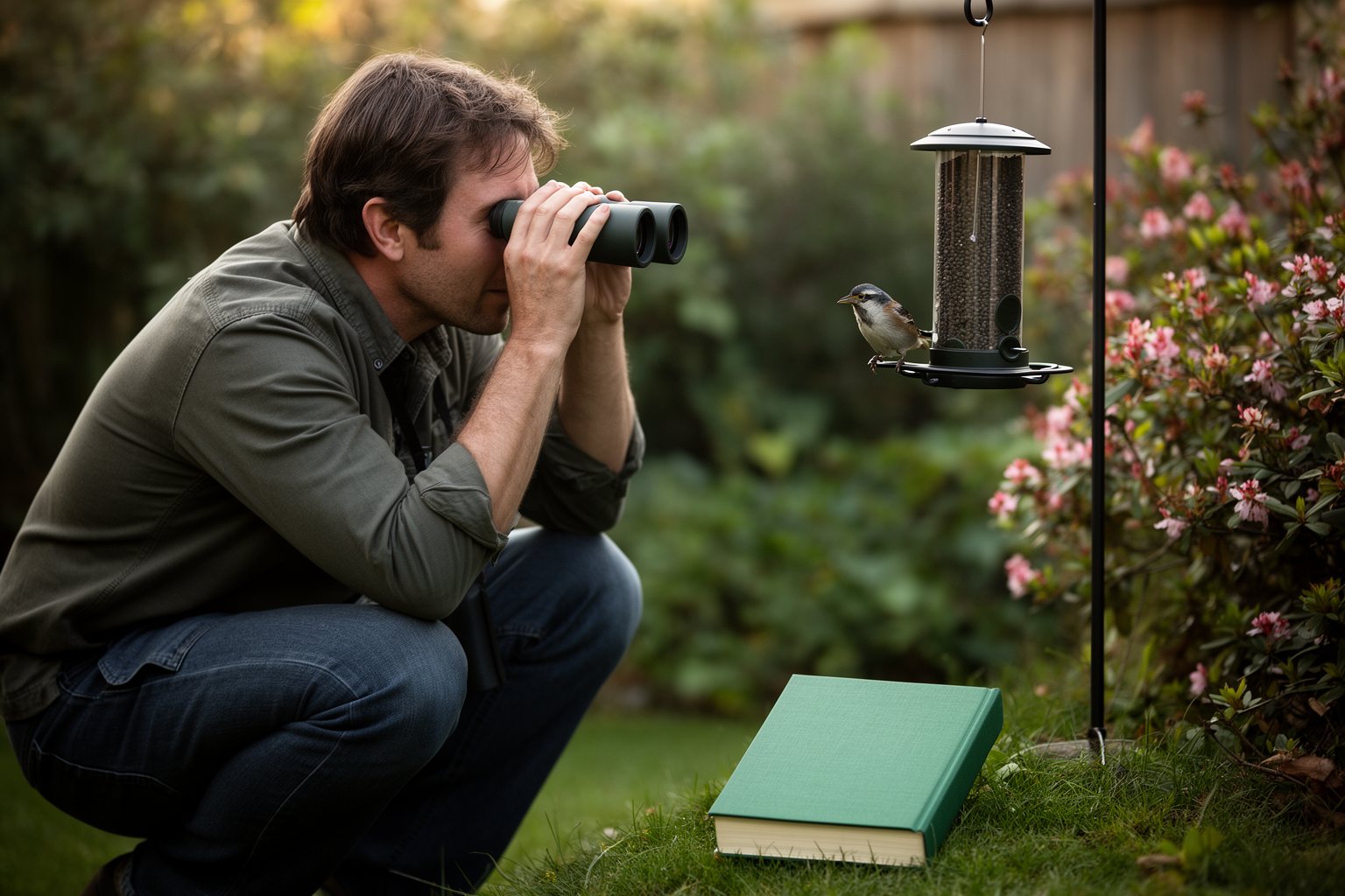 Person birdwatching with binoculars as a songbird visits a garden feeder