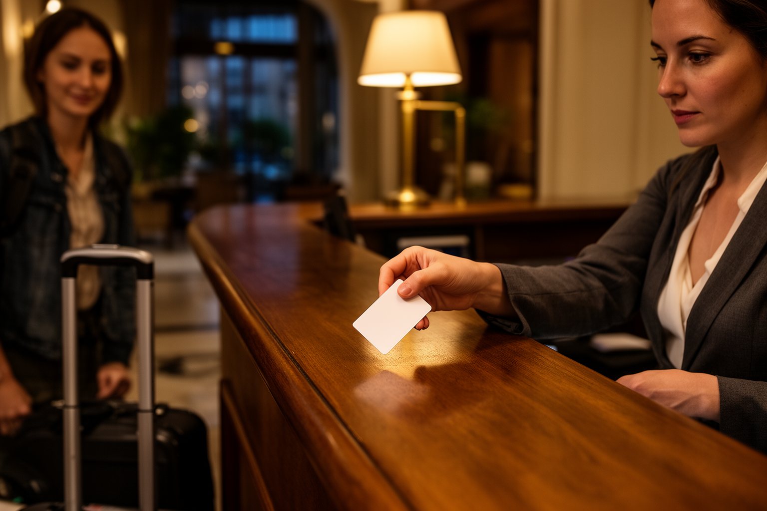 Traveler checking in at a boutique hotel front desk with luggage in the evening