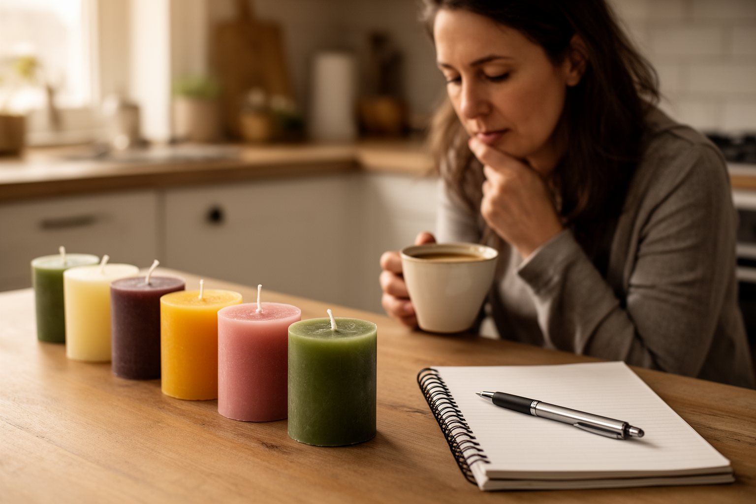 Person planning a hobby candle business at the kitchen table