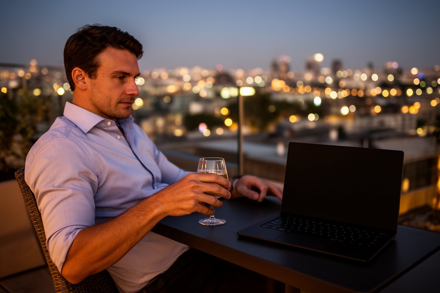 Business traveler relaxing on a hotel terrace at dusk during a stay booked with points