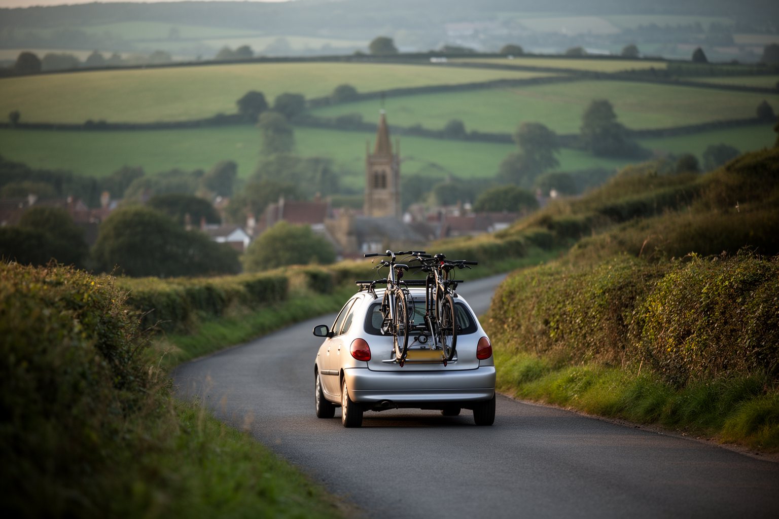 Car with bikes on the roof driving a winding country road on a staycation road trip