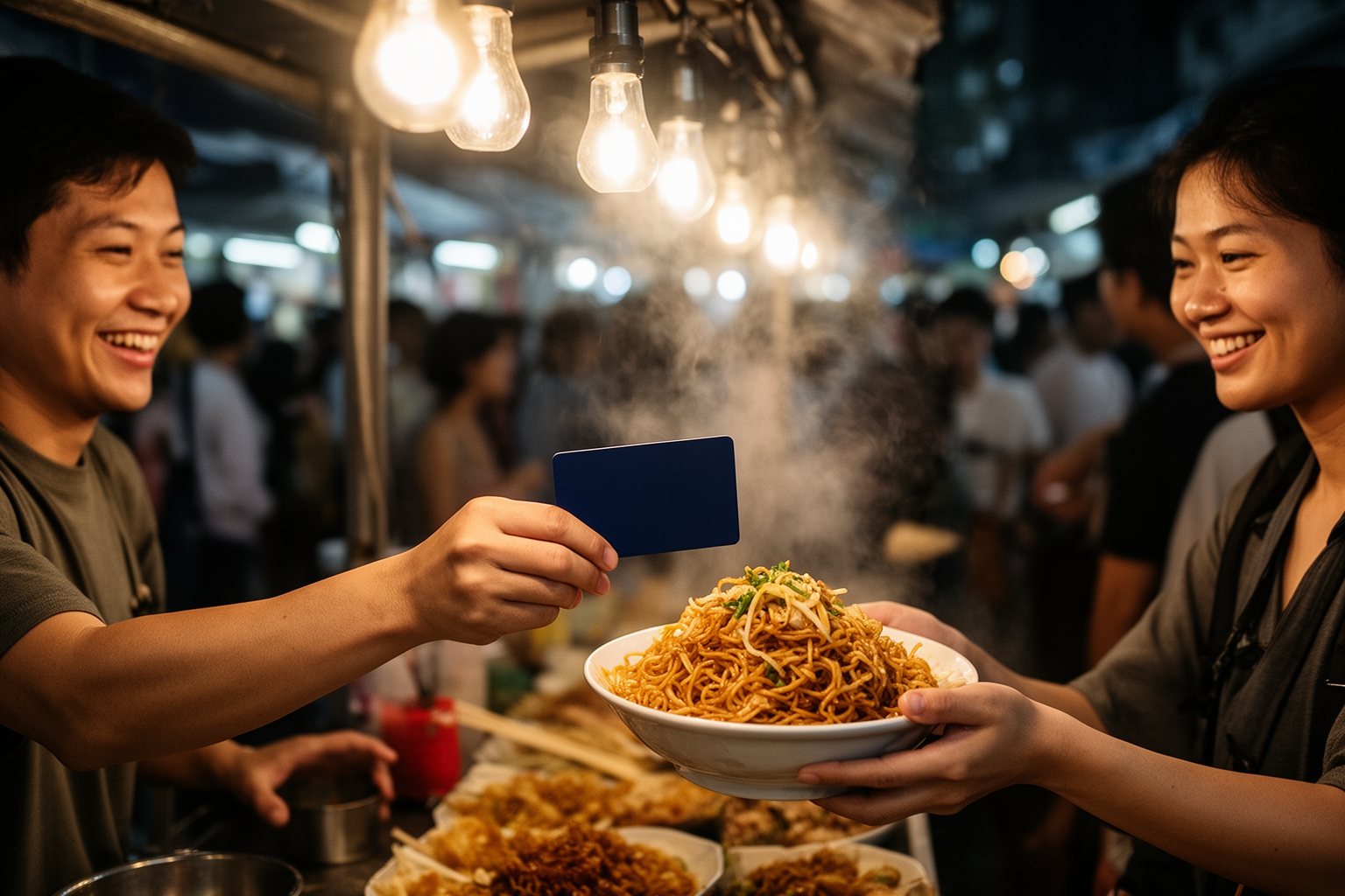 Traveler paying by card at a street food stall in a Bangkok night market