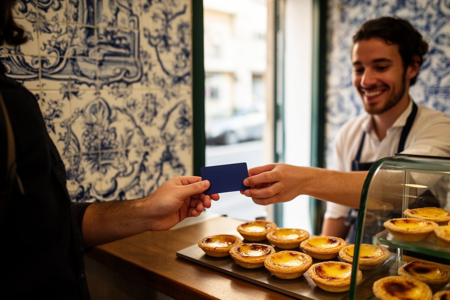 Traveler paying with a card at a tiled Lisbon café, using a credit card for international travel