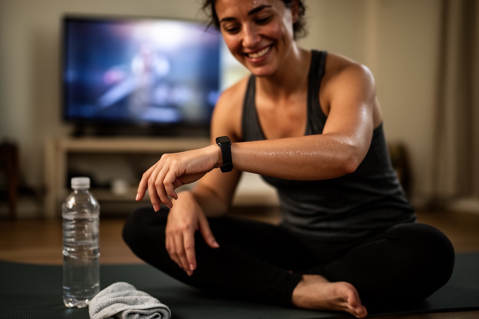 Person checking a fitness tracker after a fitness game session to track weight loss goals
