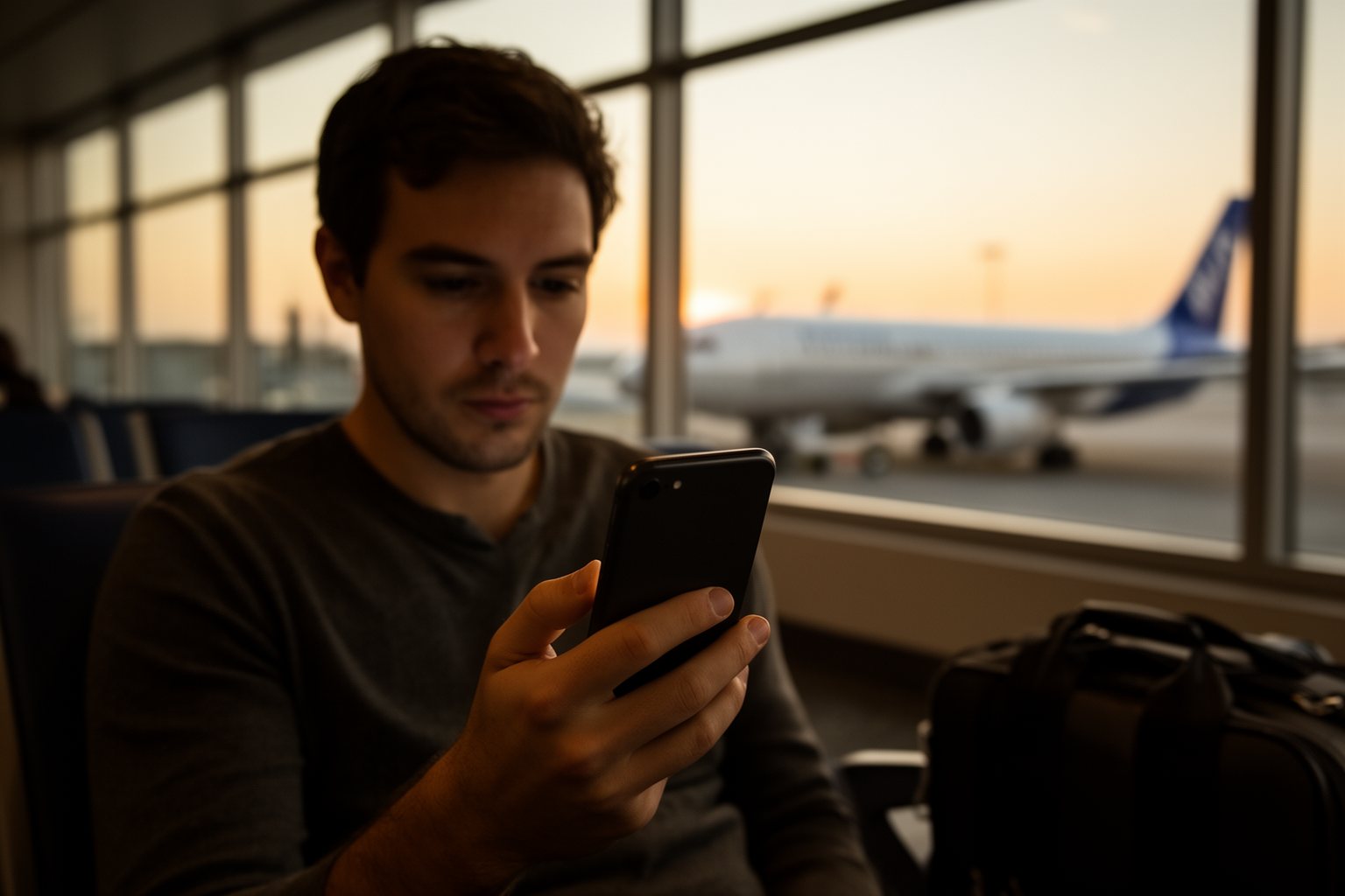 Traveler tracking reward points on a phone at an airport gate