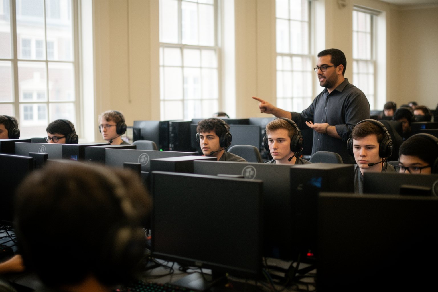 The Esports Industry: How Pro Gaming Became a Goldmine College esports team practising in a campus gaming lab