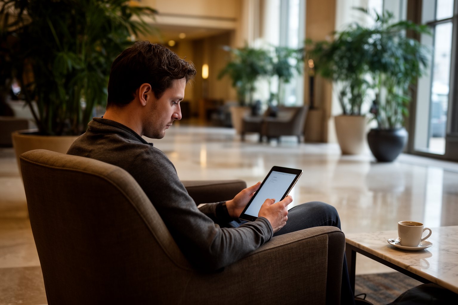 Traveler in a hotel lobby lounge comparing the best hotel credit card options on a tablet