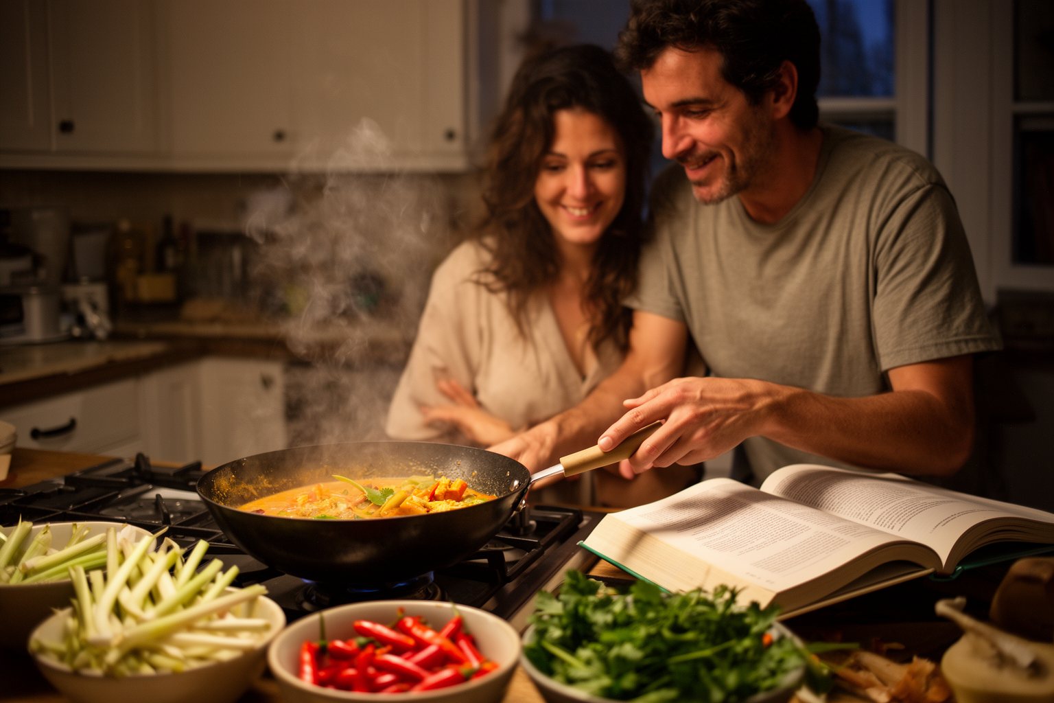 Couple cooking a Thai curry with fresh herbs and spices in their home kitchen