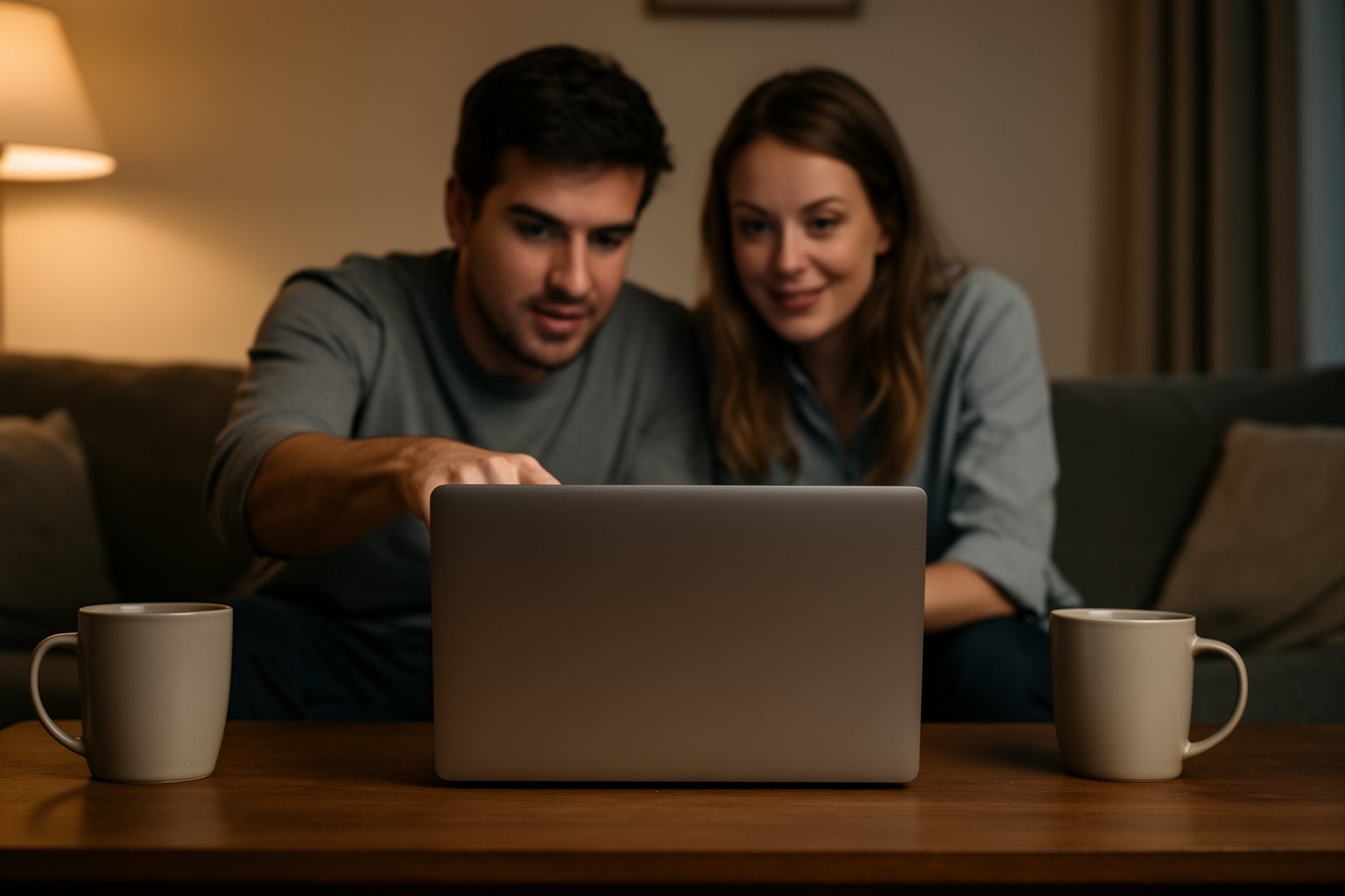 Couple on a sofa comparing cruise quotes from agencies on a laptop
