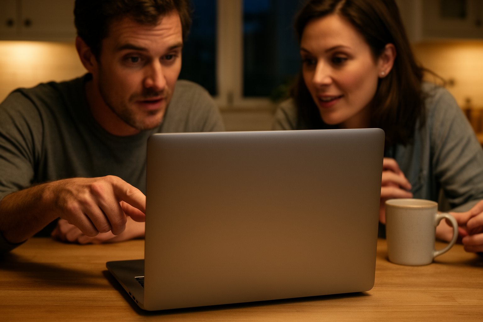 Fly High with the Right Plastic: Unleashing the Power of Travel Credit Cards Couple at a kitchen table comparing travel credit card offers on a laptop