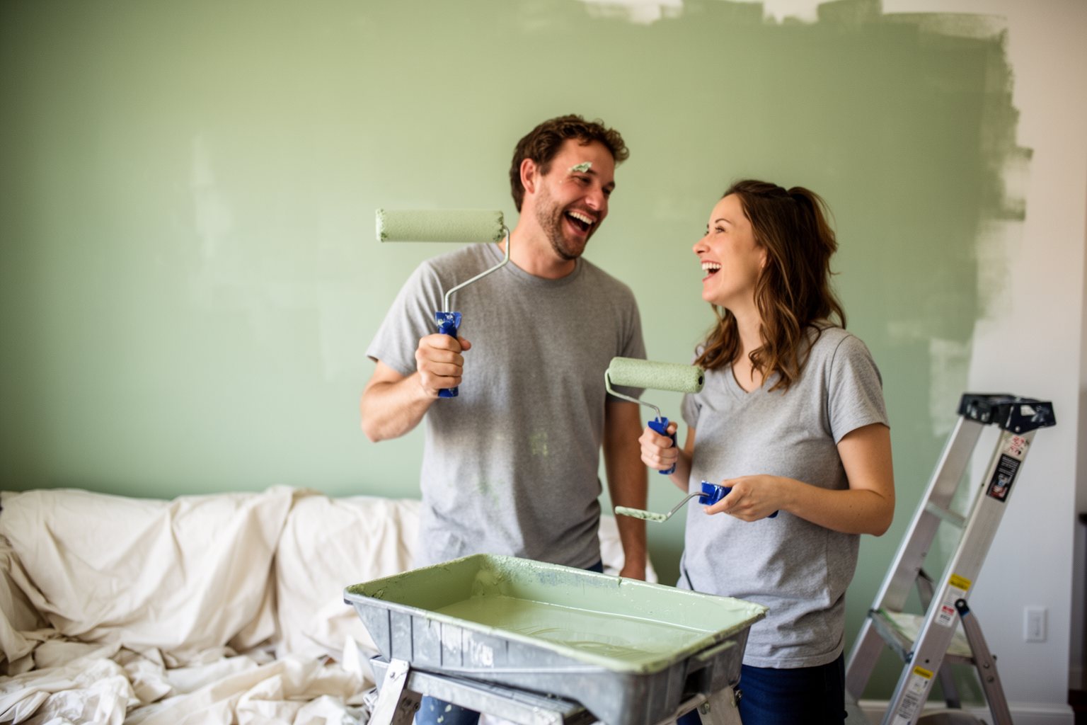 Couple painting a living room wall together during a home improvement staycation