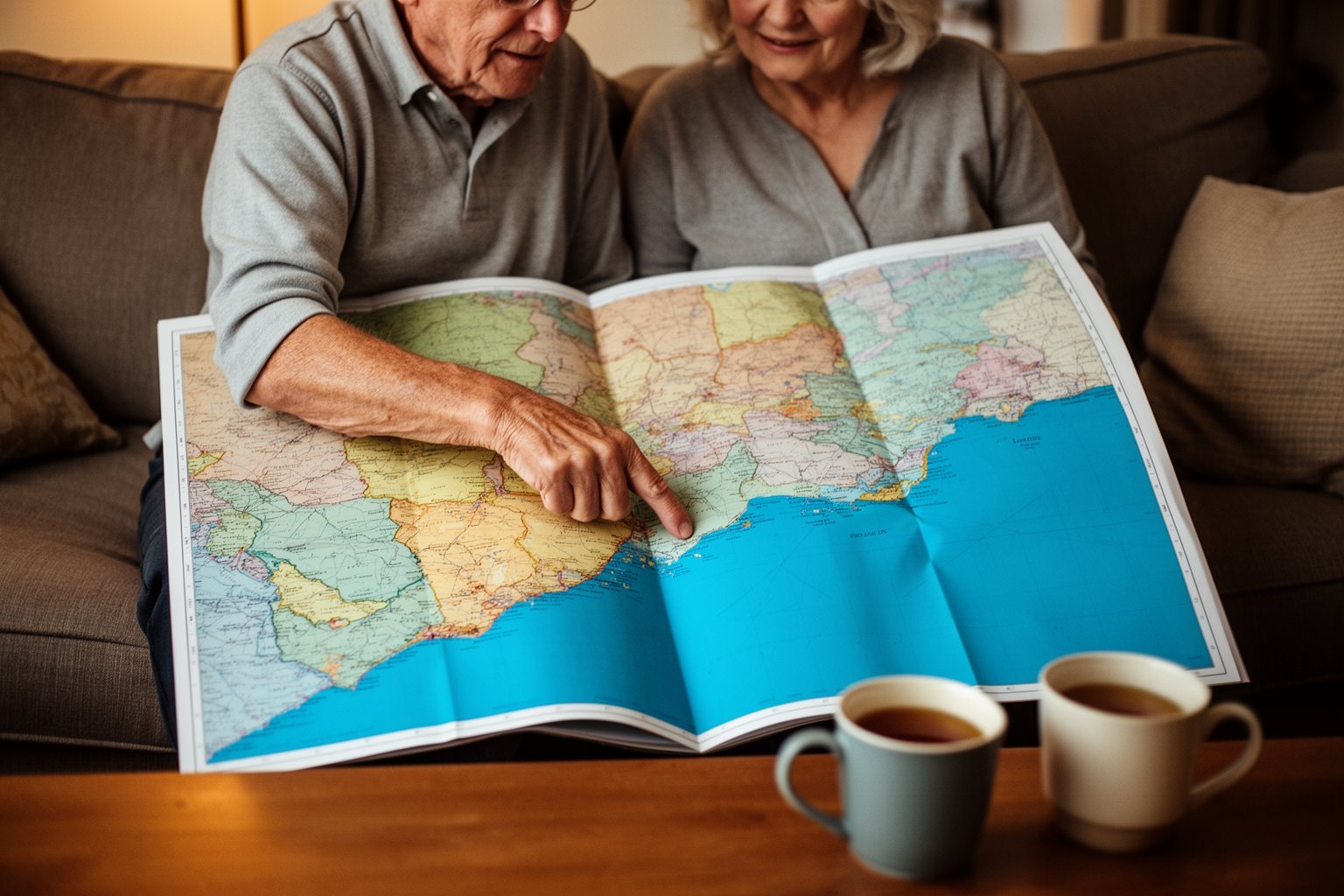 Retired couple researching expat retirement destinations with an atlas