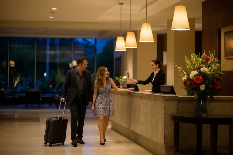 Maximize Your Travels With Marriott Boundless Card: A Game Changer for Personal & Business Trips! Couple checking in at an upscale hotel lobby for a stay earned with hotel points