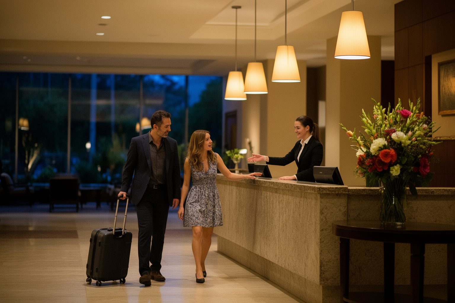 Maximize Your Travels With Marriott Boundless Card: A Game Changer for Personal & Business Trips! Couple checking in at an upscale hotel lobby for a stay earned with hotel points
