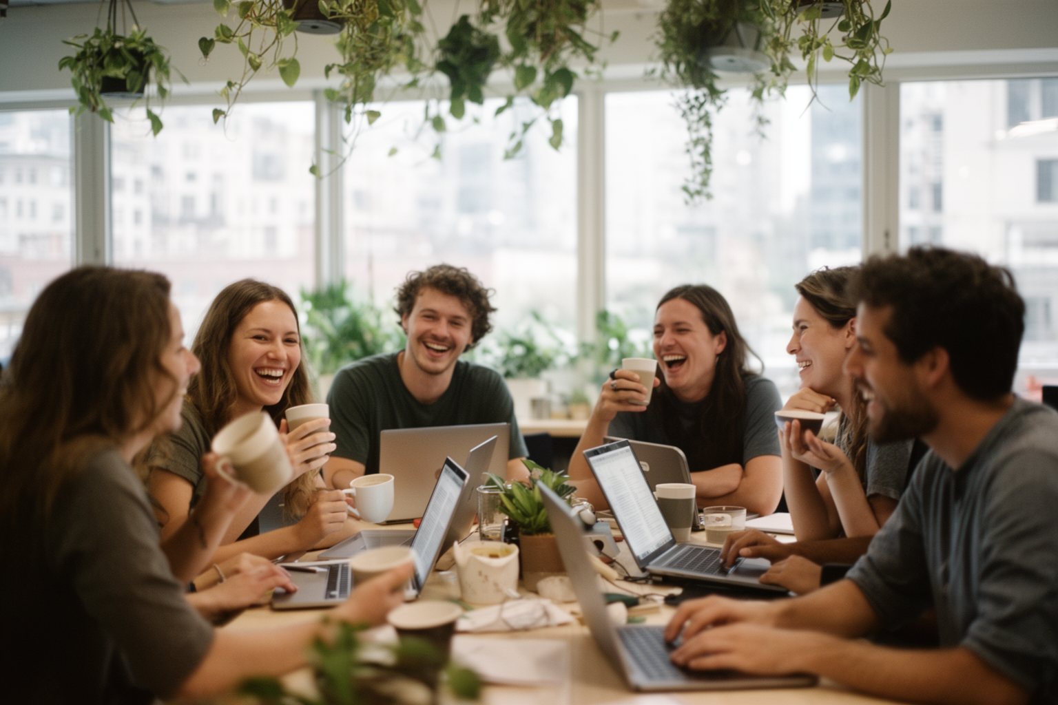Unleash Your Freedom: The Ultimate Guide to Digital Nomadism Digital nomads chatting over coffee in a bright coworking space