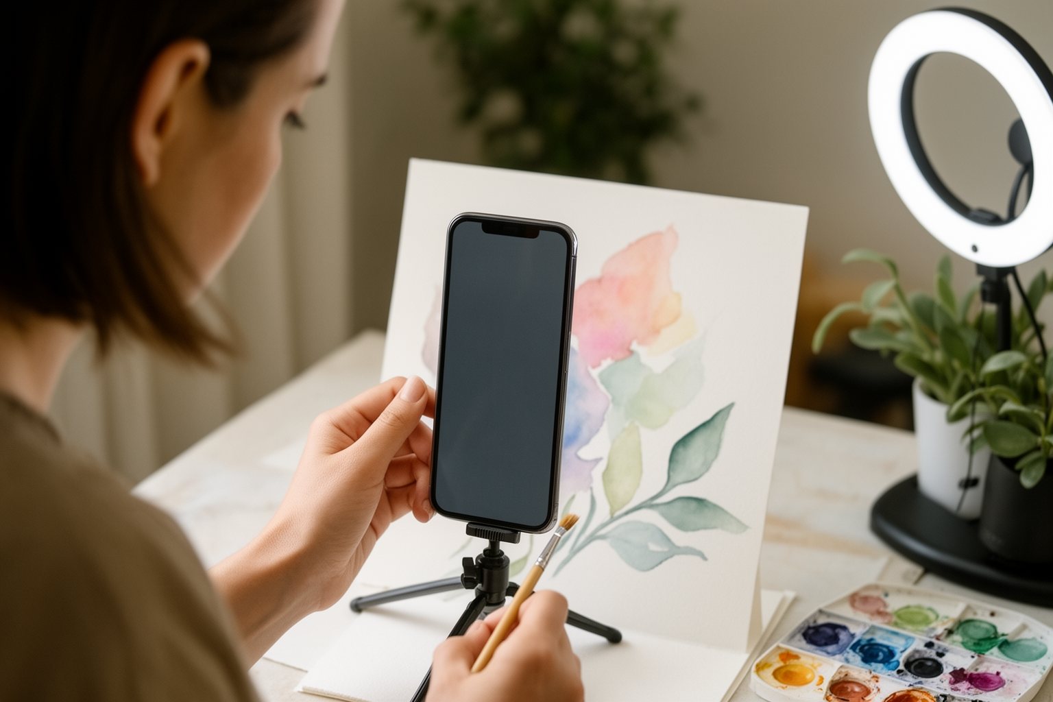 Creator filming a painting tutorial at home with a phone on a tripod