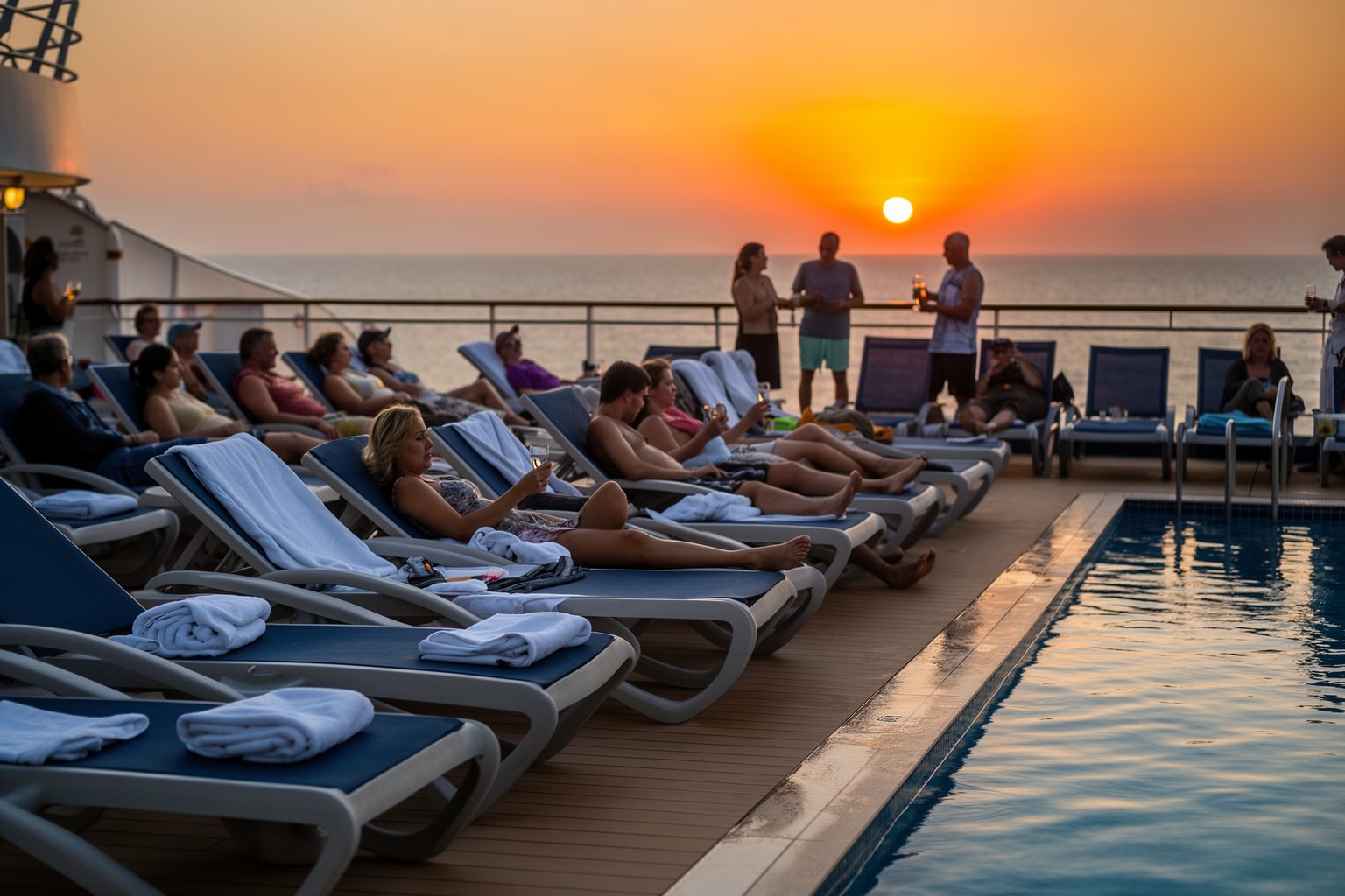 Passengers relaxing on a cruise ship deck by the pool at sunset
