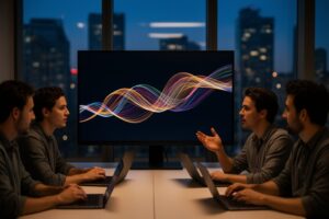 Unleash Your Genius: Unlock the Secrets of AI and Machine Learning Today! Team discussing an AI and machine learning model around a large monitor at dusk