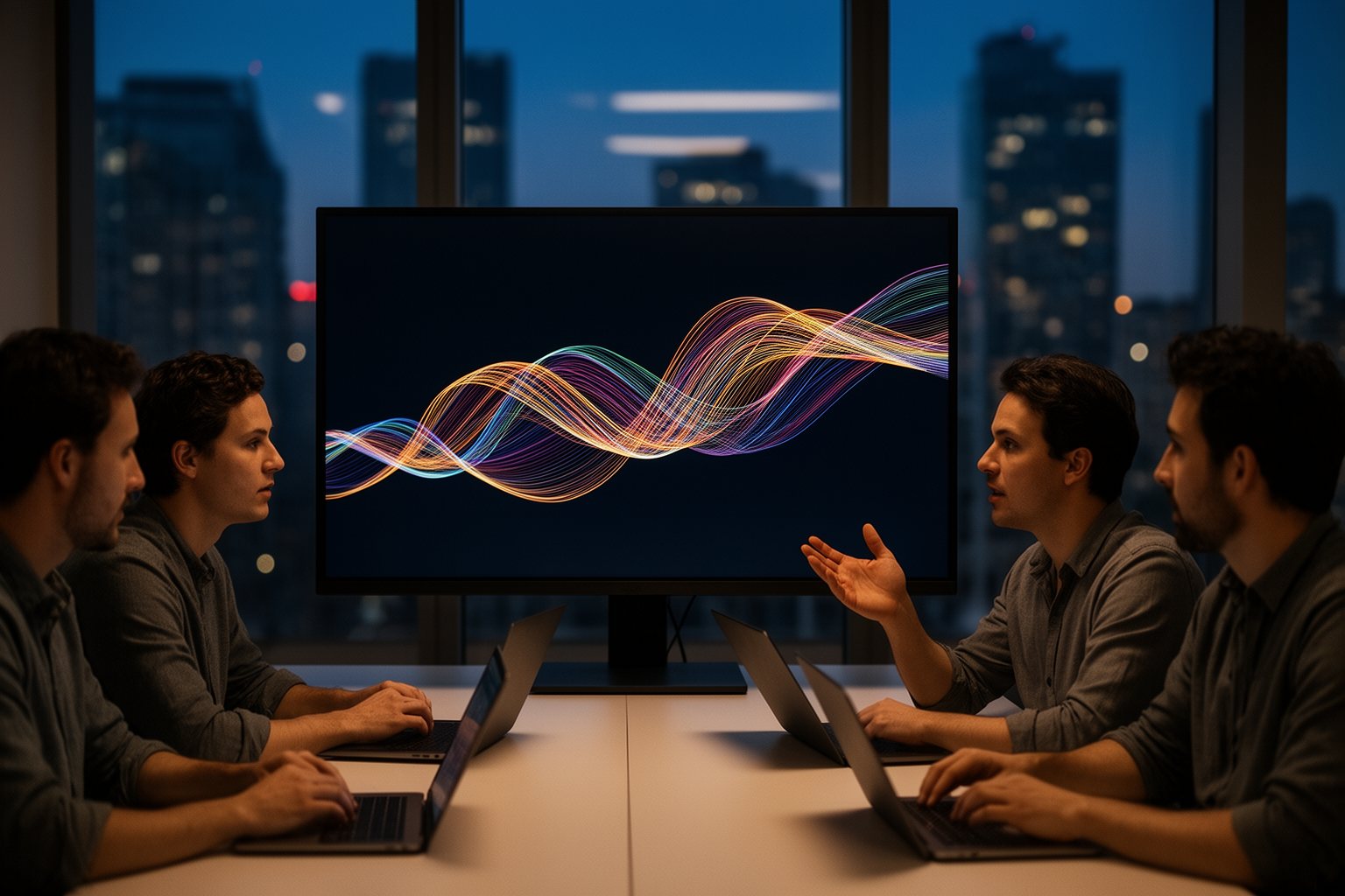 Unleash Your Genius: Unlock the Secrets of AI and Machine Learning Today! Team discussing an AI and machine learning model around a large monitor at dusk