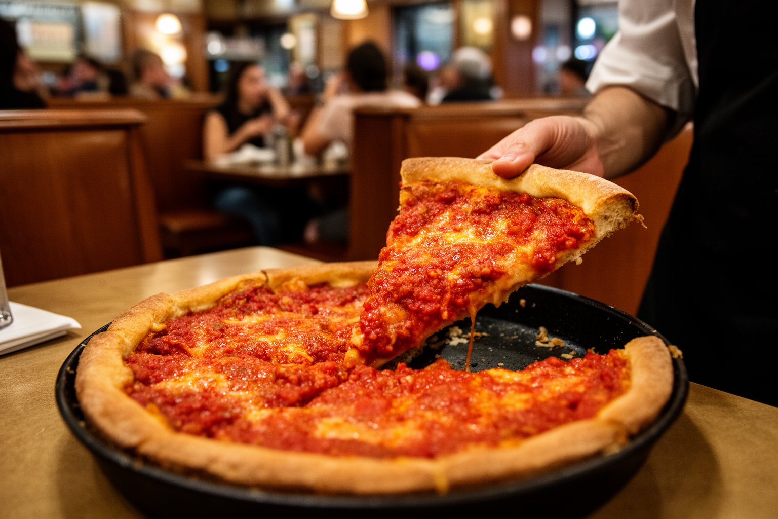 Server lifting a round deep-dish pizza from its pan in a Chicago pizza restaurant