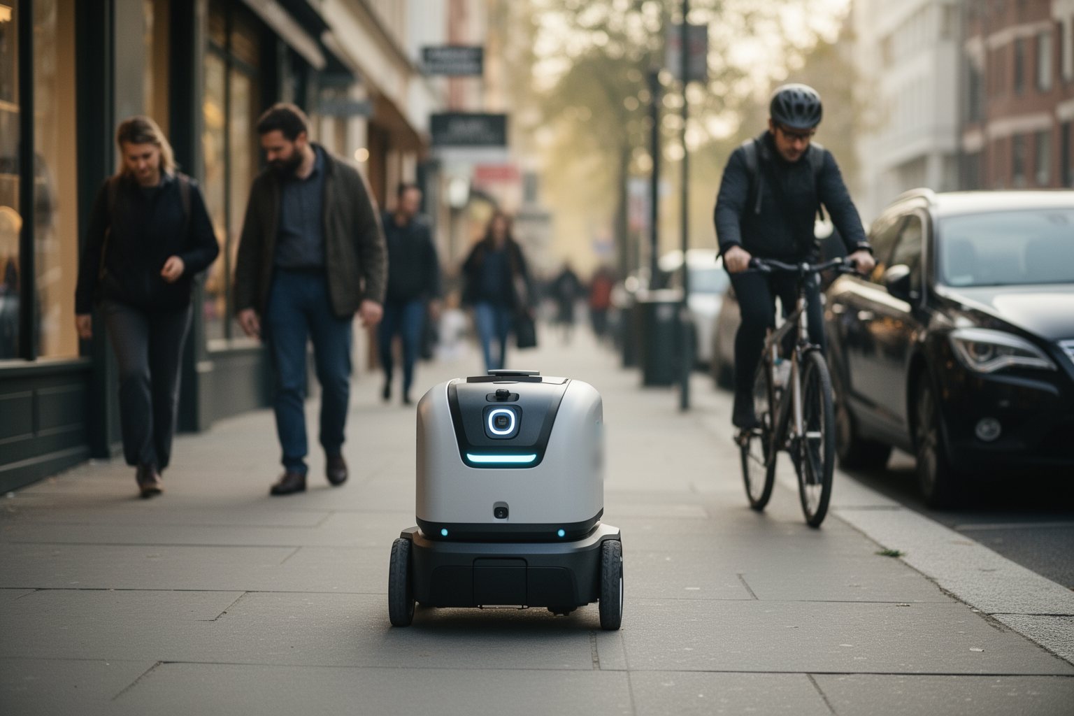 Unleash Your Genius: Unlock the Secrets of AI and Machine Learning Today! Small autonomous delivery robot rolling along a city sidewalk past pedestrians