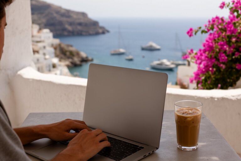 Unleash Your Freedom: The Ultimate Guide to Digital Nomadism Digital nomad working on a laptop at a shaded terrace table overlooking the sea