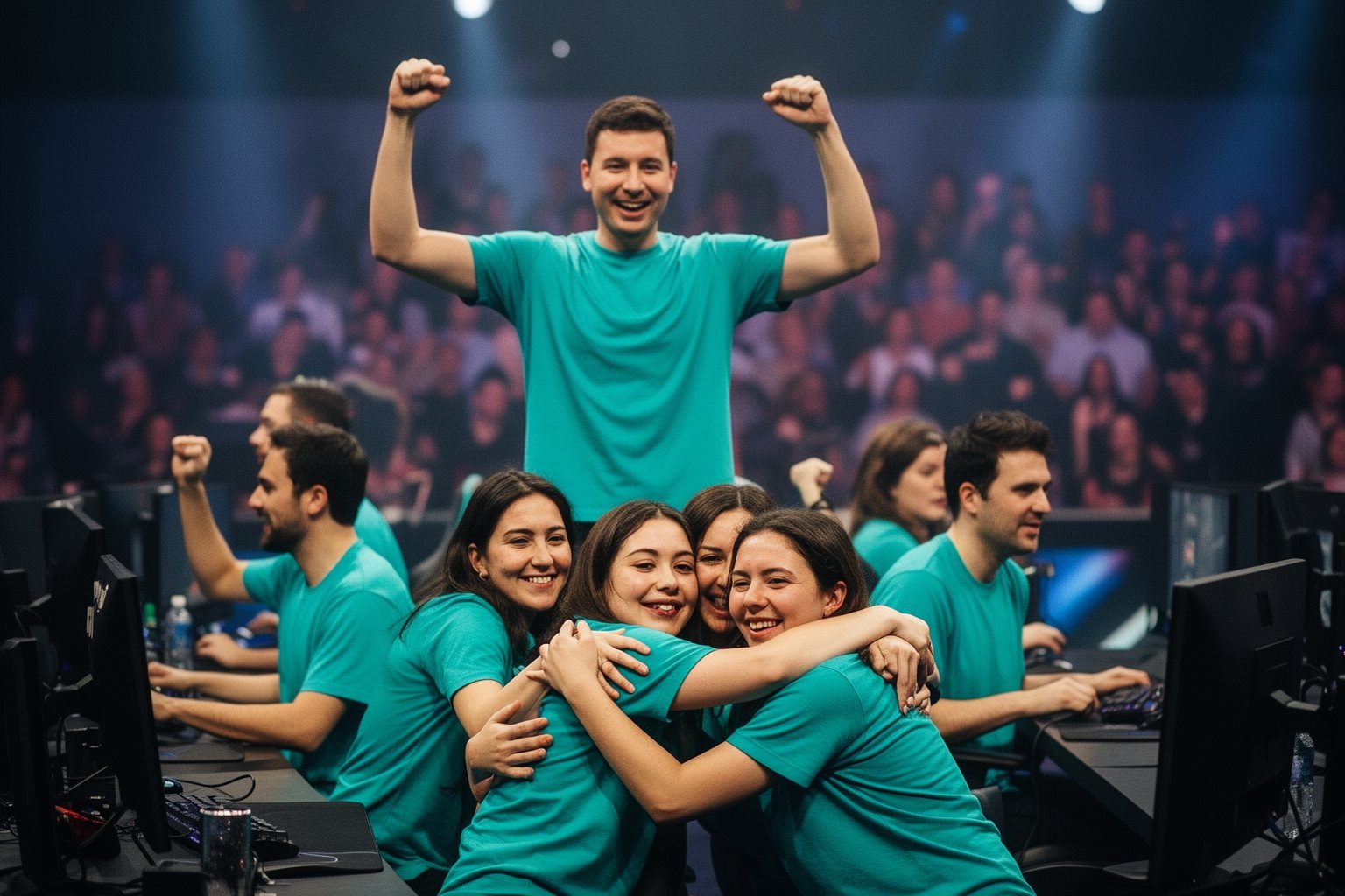 The Esports Industry: How Pro Gaming Became a Goldmine Diverse esports team of women and men celebrating a round win at a tournament