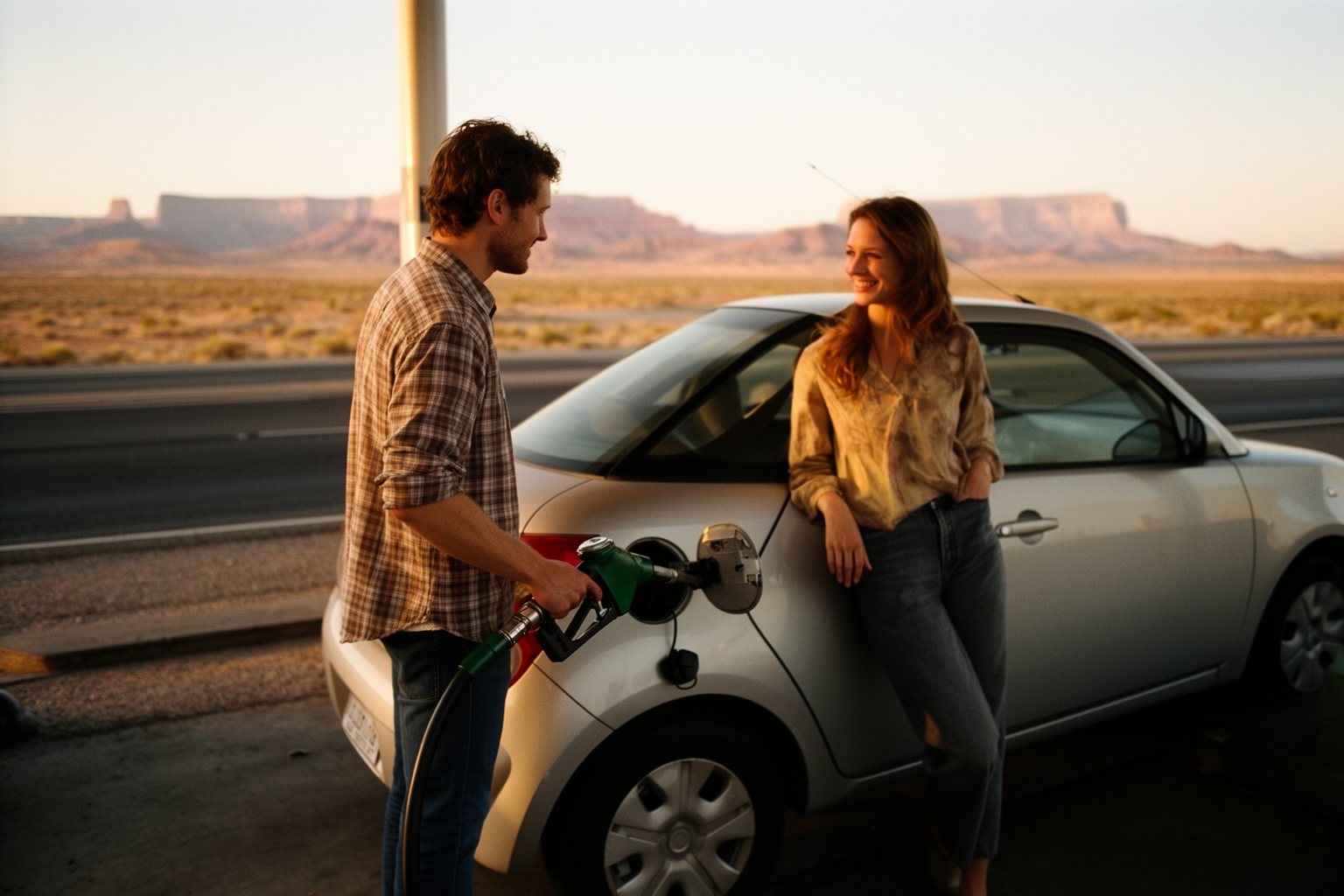 Couple refuelling a rental car at a desert gas station on a domestic road trip