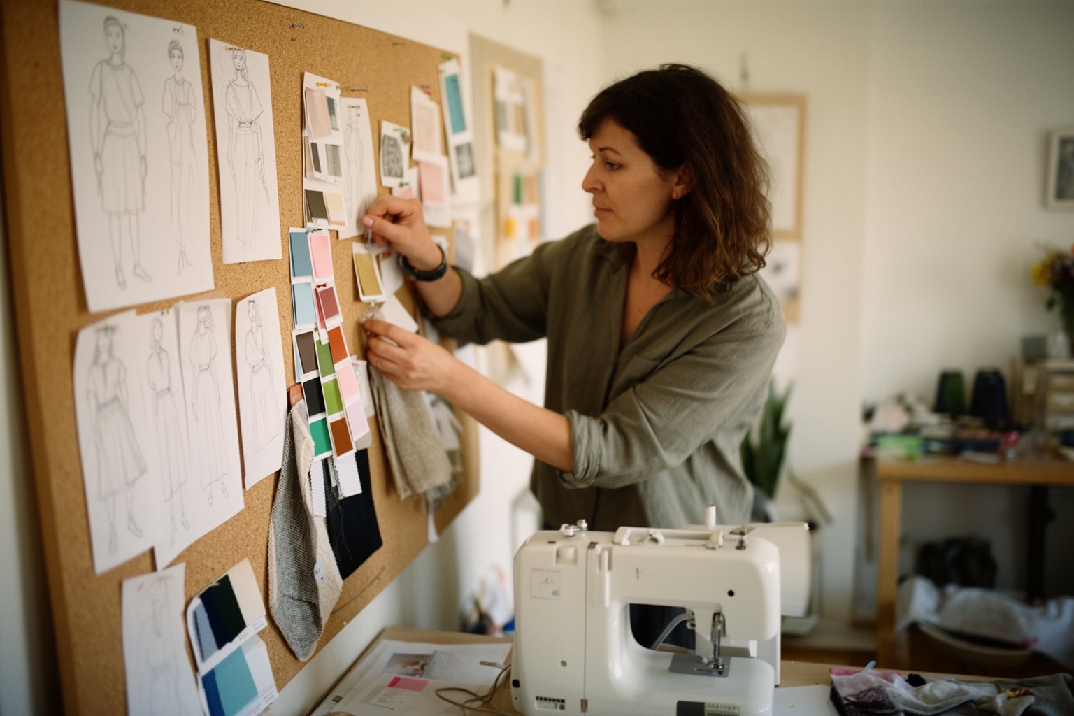 Entrepreneur pinning new product ideas and fabric samples to a moodboard