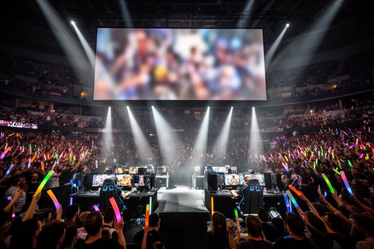 The Esports Industry: How Pro Gaming Became a Goldmine Packed esports arena with two teams competing on stage under bright lights before a huge crowd