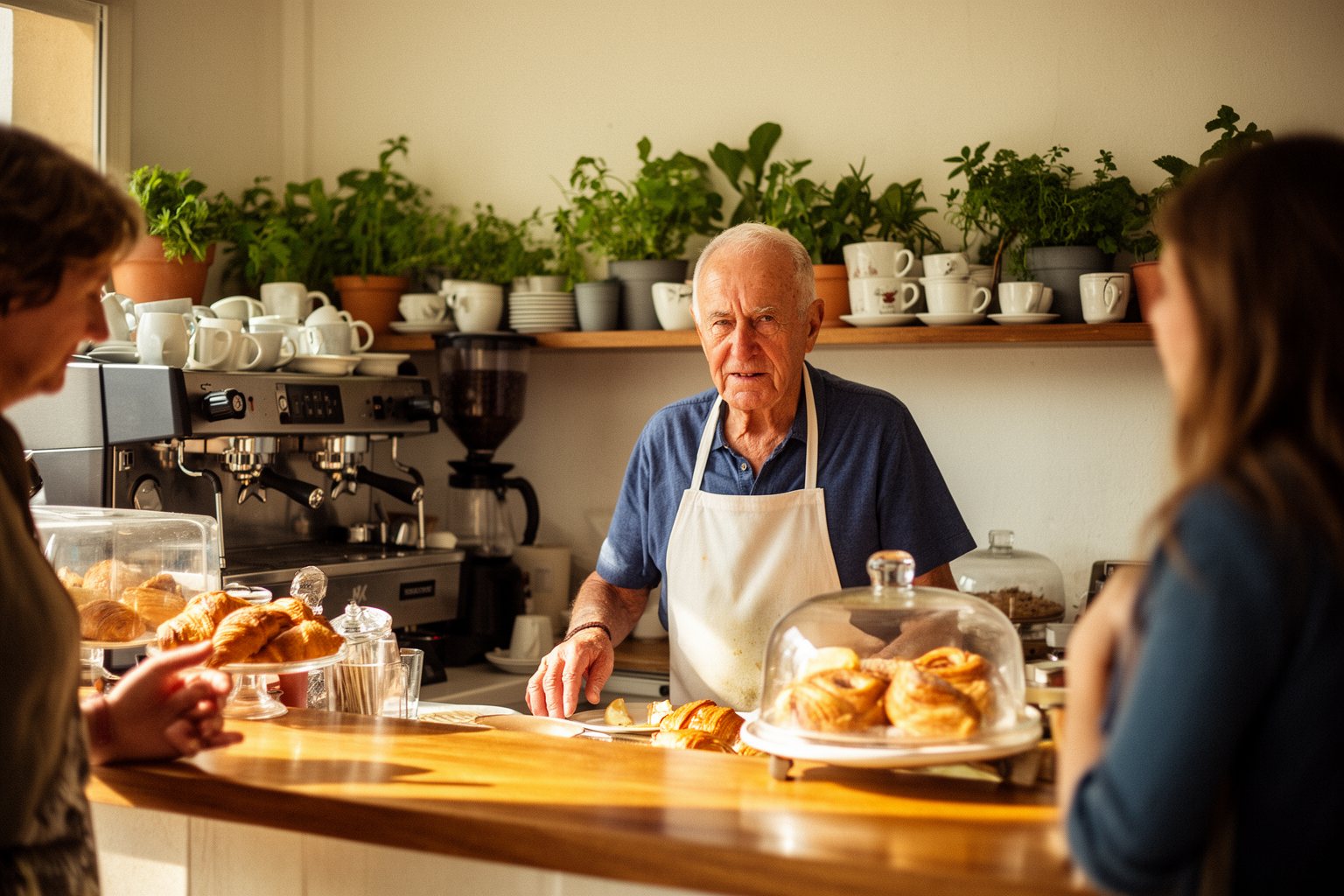 Retired expat running a small café, serving a customer at the counter