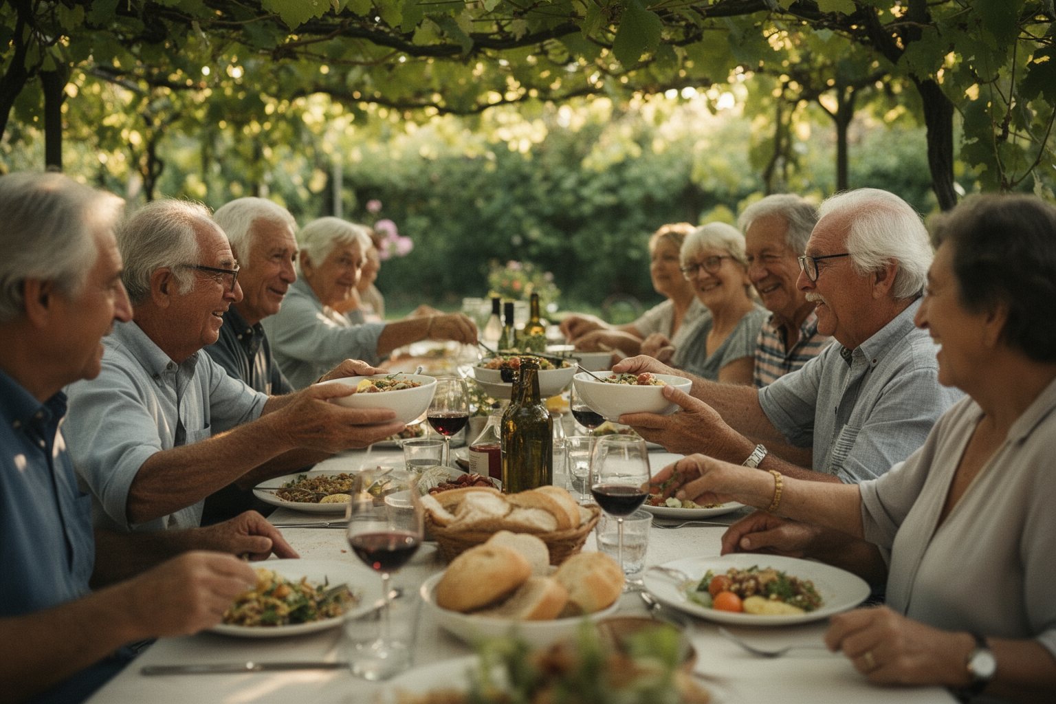 Expats and locals sharing a long community lunch in a garden