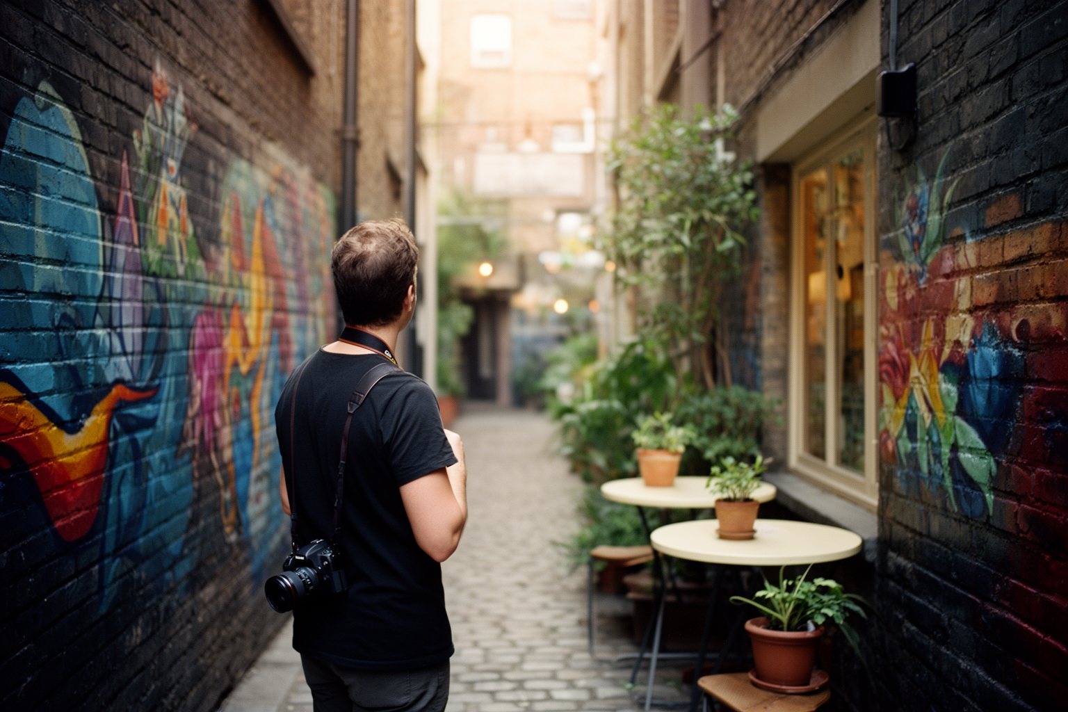 Everyday Microadventures: Escape the Ordinary Near Home Person discovering a hidden alley with murals and a small café in their own city