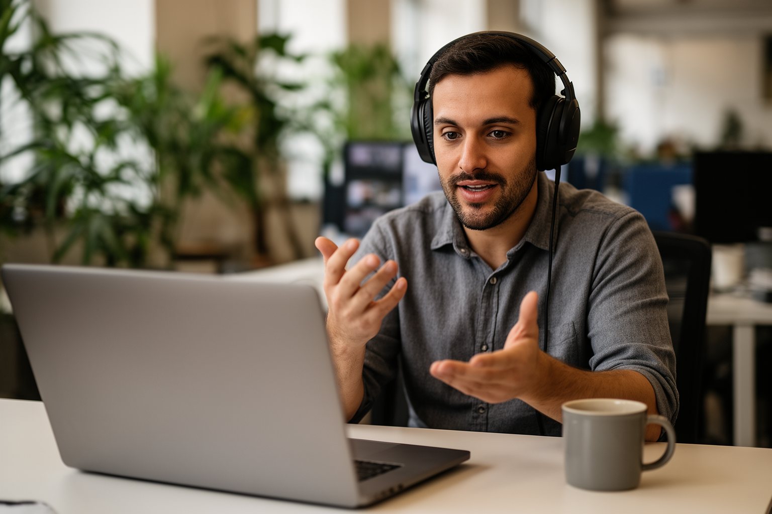 Freelancer negotiating rates with a client on a laptop video call from a coworking space
