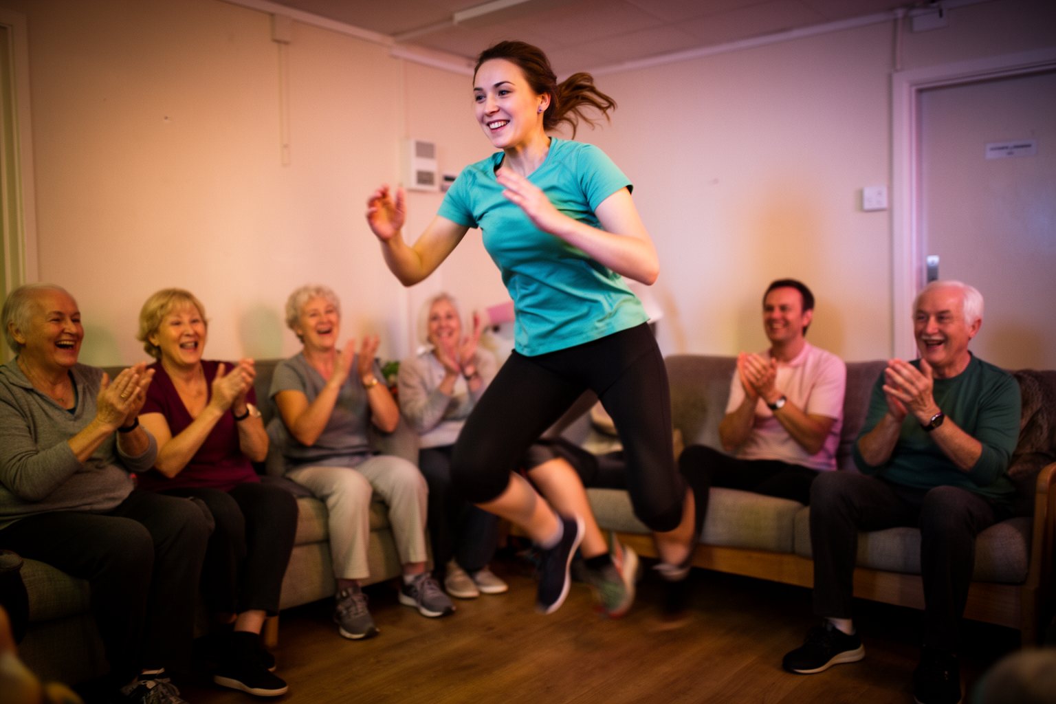 Friends cheering each other on during a group fitness gaming session