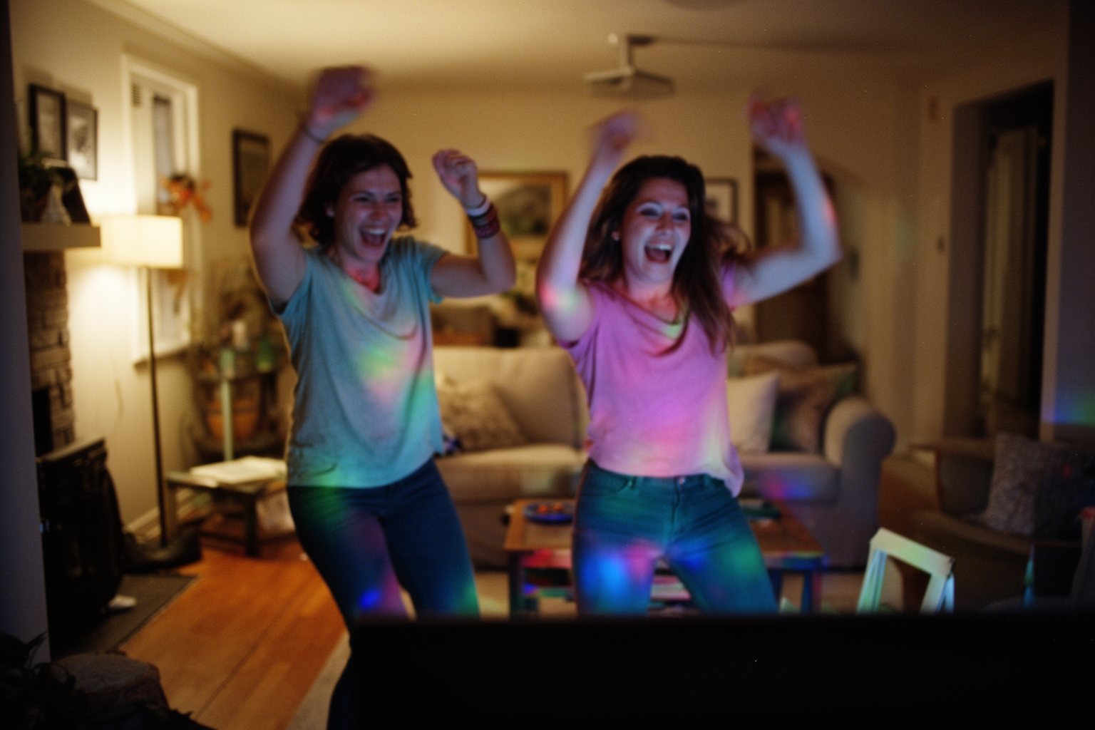 Two friends dancing along to a dance fitness game in a living room