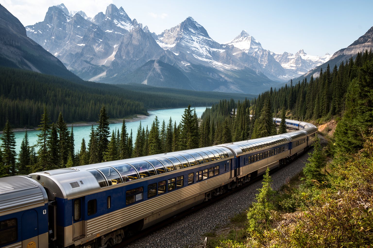Riding the Rails: Unforgettable Train Journeys Around the World Glass-domed tourist train winding along a river in the Canadian Rockies