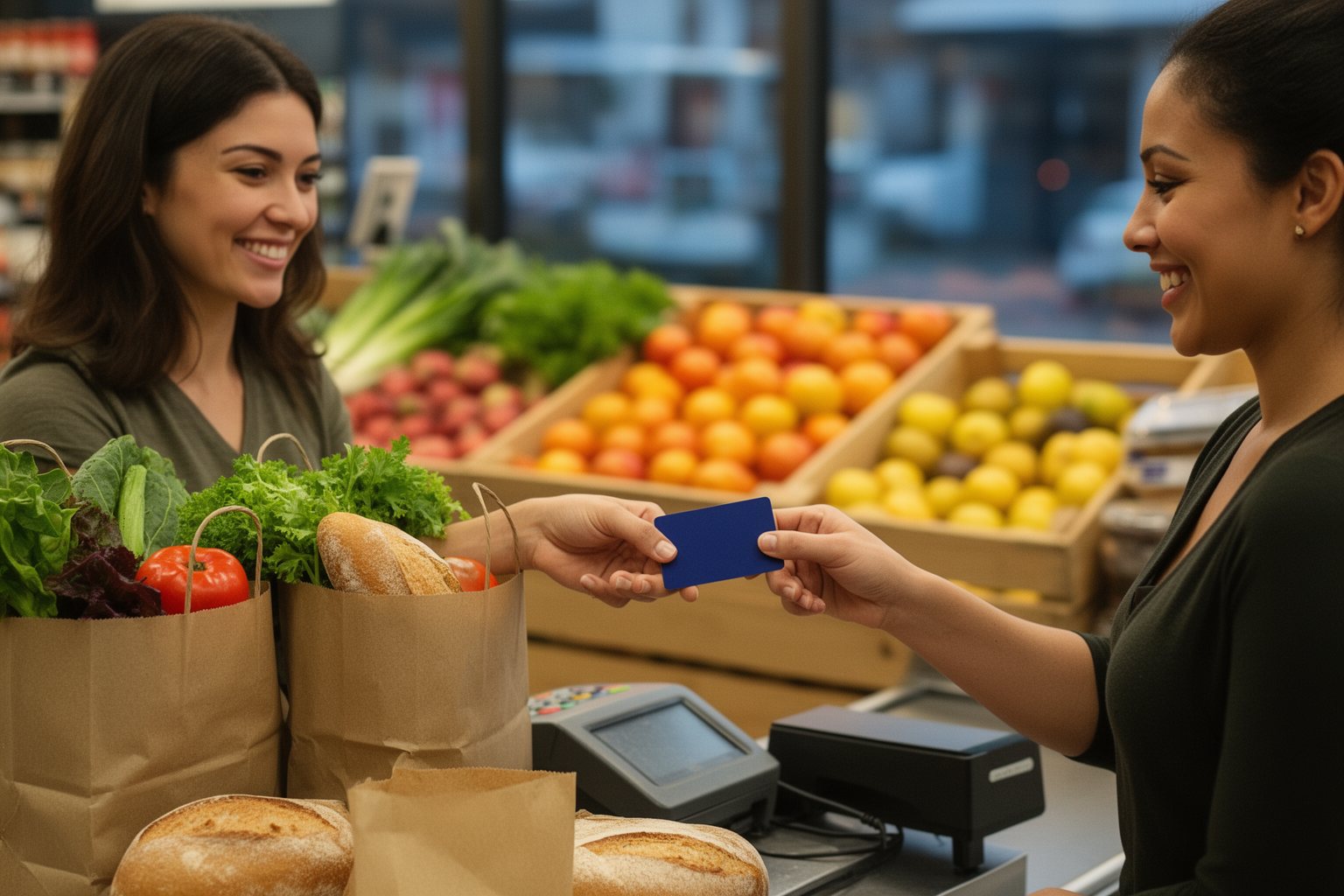 Maximize Your Travels With Marriott Boundless Card: A Game Changer for Personal & Business Trips! Woman paying by card at a grocery checkout to earn points on everyday spending