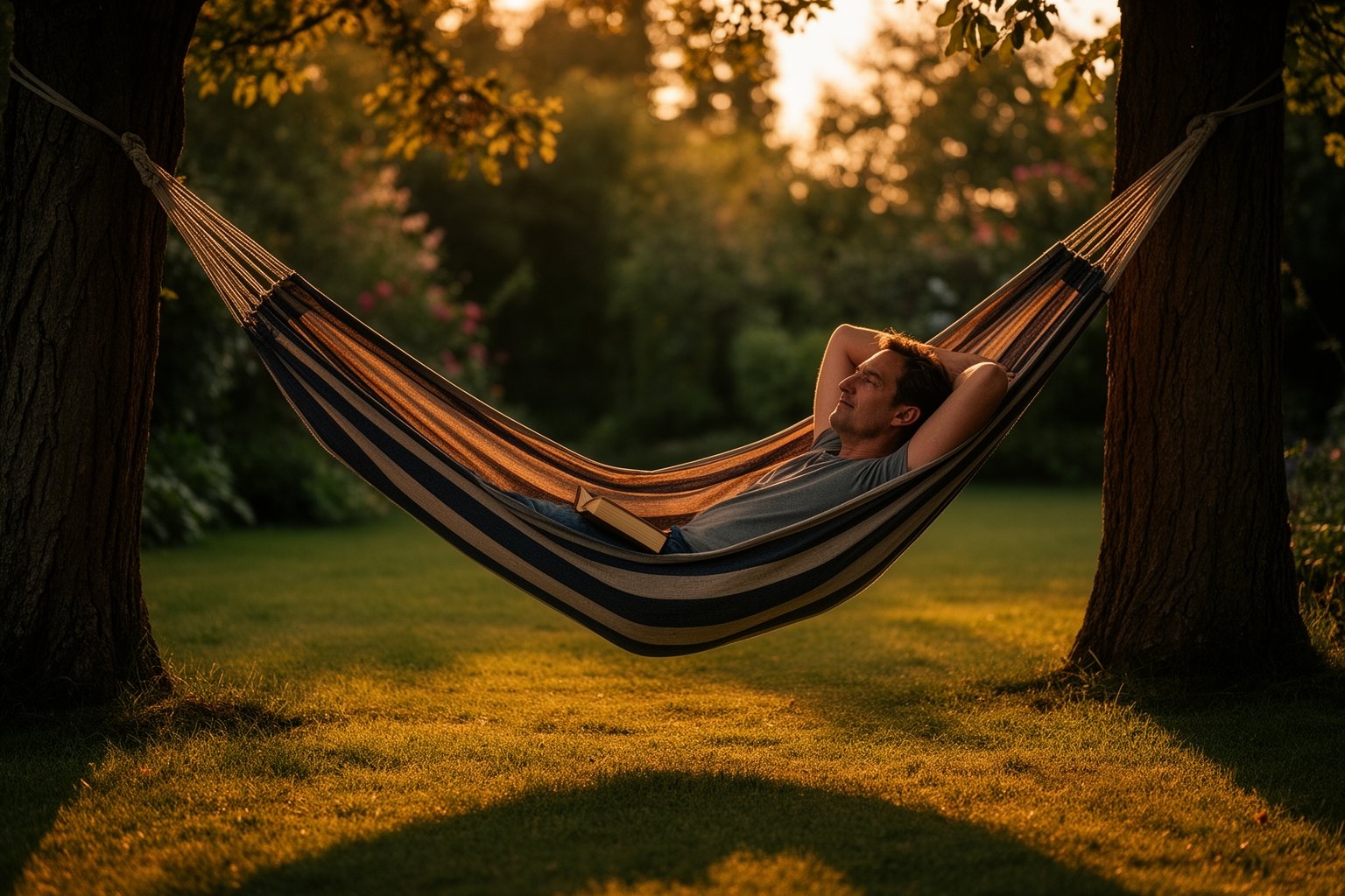 Person relaxing in a hammock in the garden at golden hour after an adventurous staycation