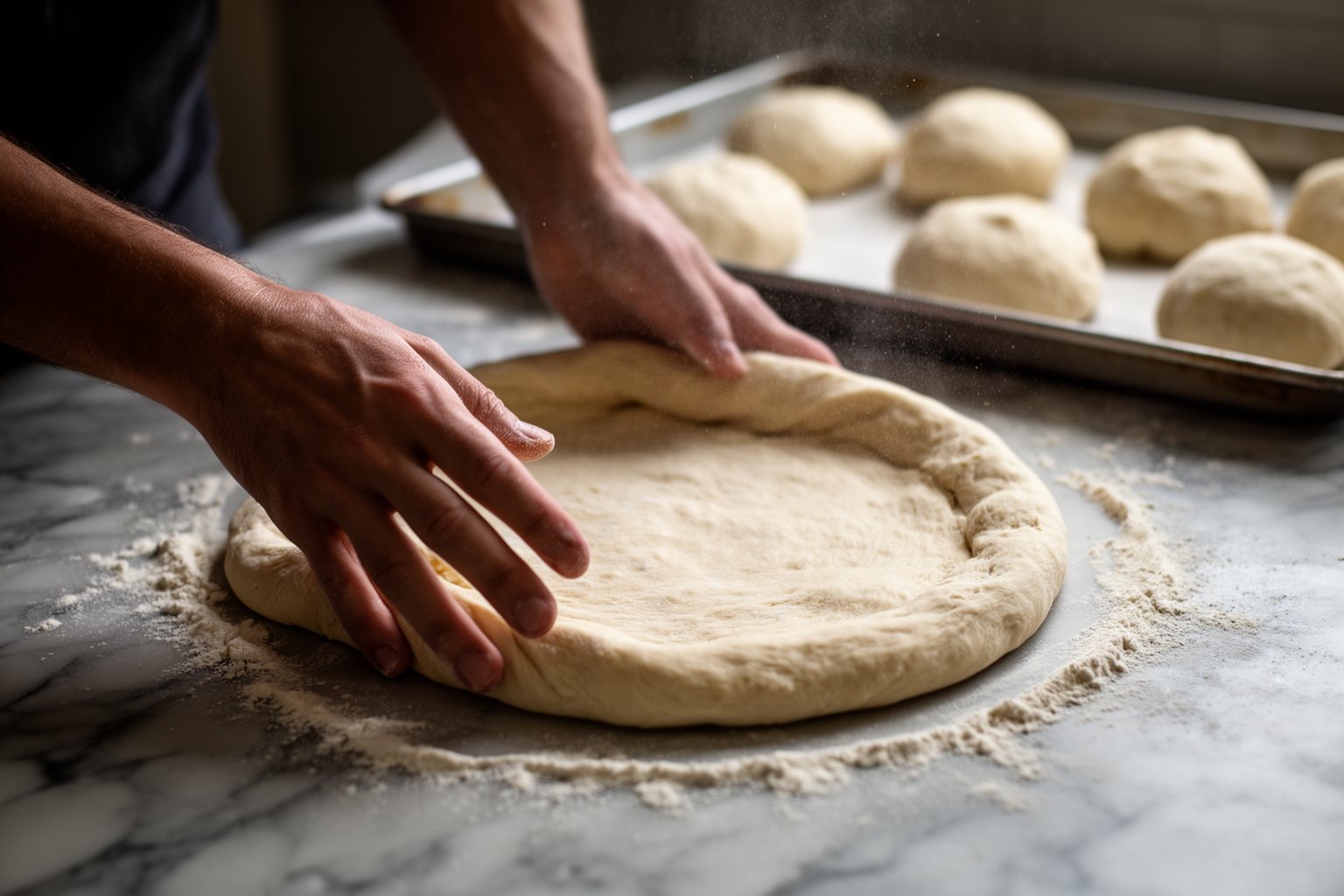 Hands stretching a ball of pizza dough into a round shape on a floured counter